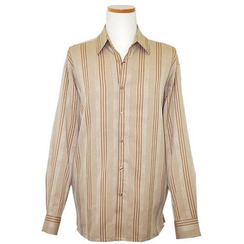 Bassiri Tan/Taupe Woven Pinstripes Micro Fiber Blend Long Sleeves Shirt #4578